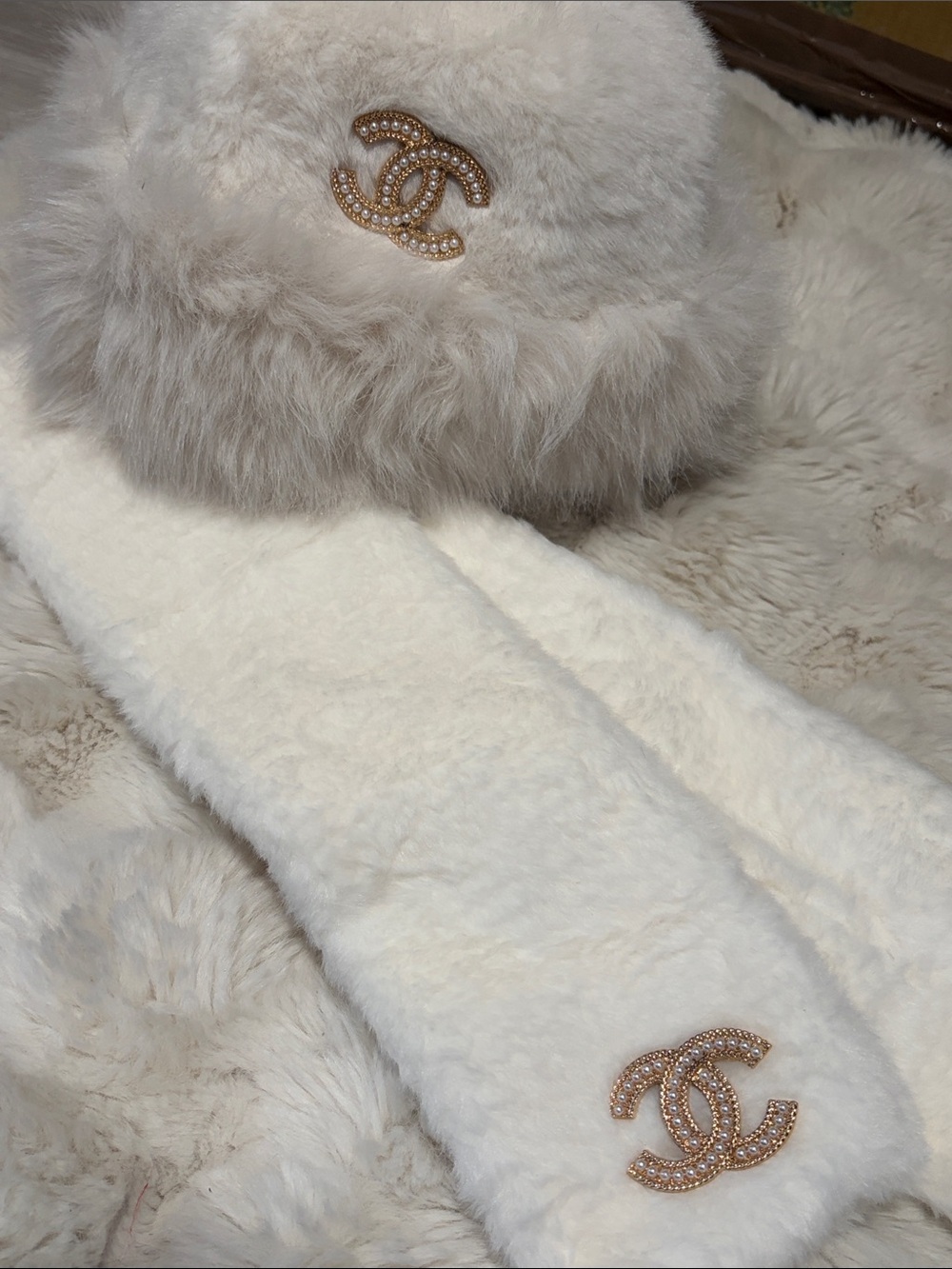 Faux Fur Ivory Hat and Scarf Set with Gold Crystal Logo